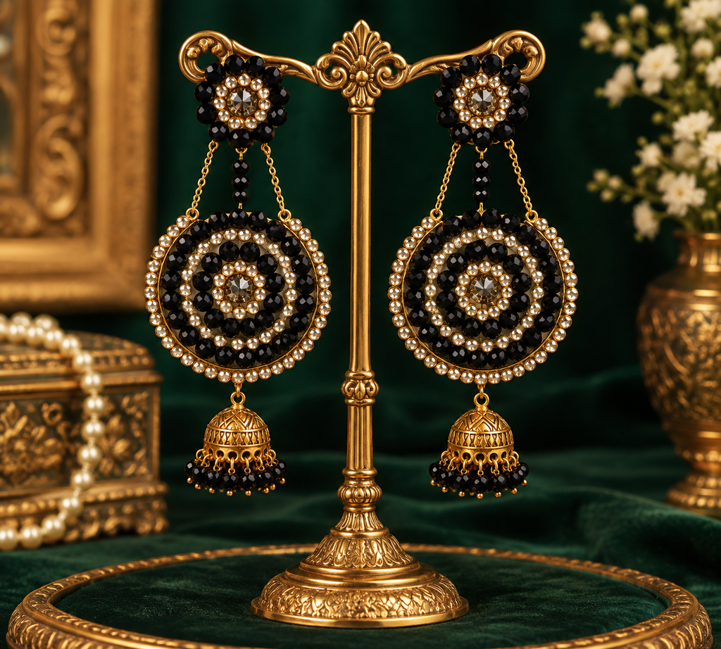 Royal Noir Black & Gold Jhumka Earrings
