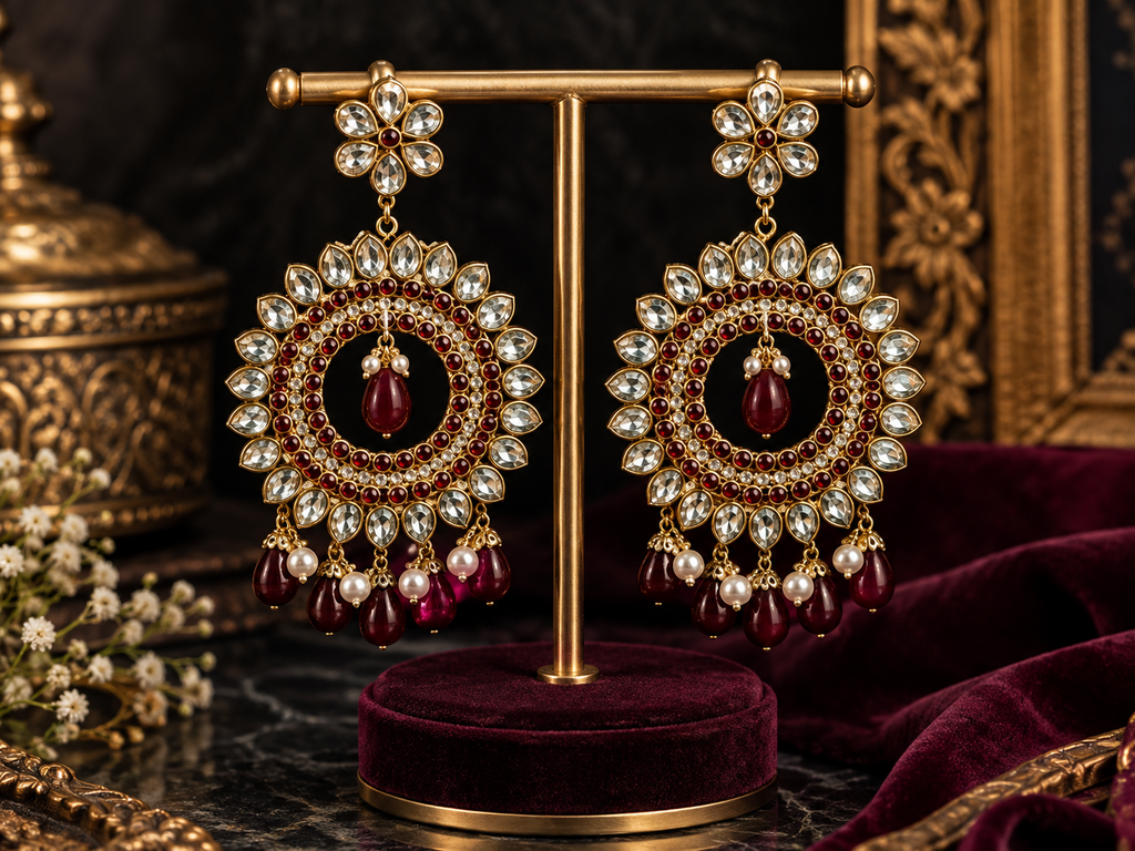 Royal Garnet Chandbali Statement Hand-Made Earrings
