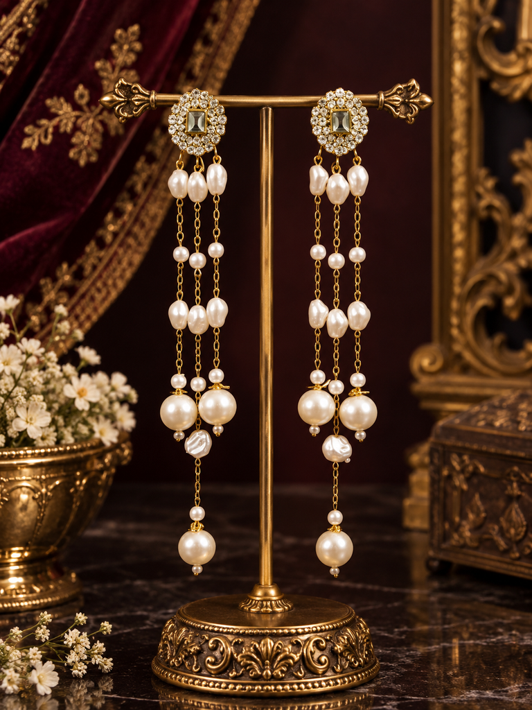 Regal Pearl Cascade Hand-Made Earrings