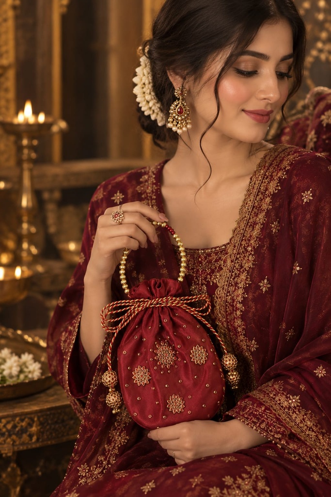 Royal Crimson Zari Bloom Potli
