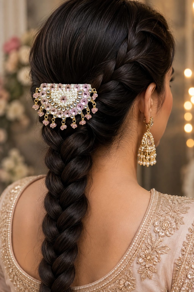 Royal Blush Kundan Pearl Braid Hair Ornament