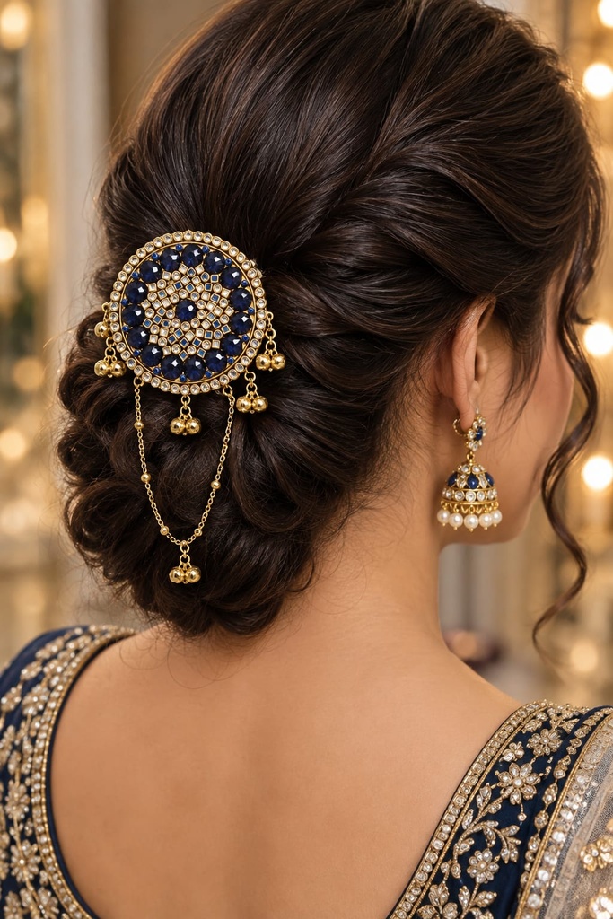 Royal Sapphire Kundan & Crystal Ghungroo Hair Ornament – Handcrafted Bridal Hair Jewellery
