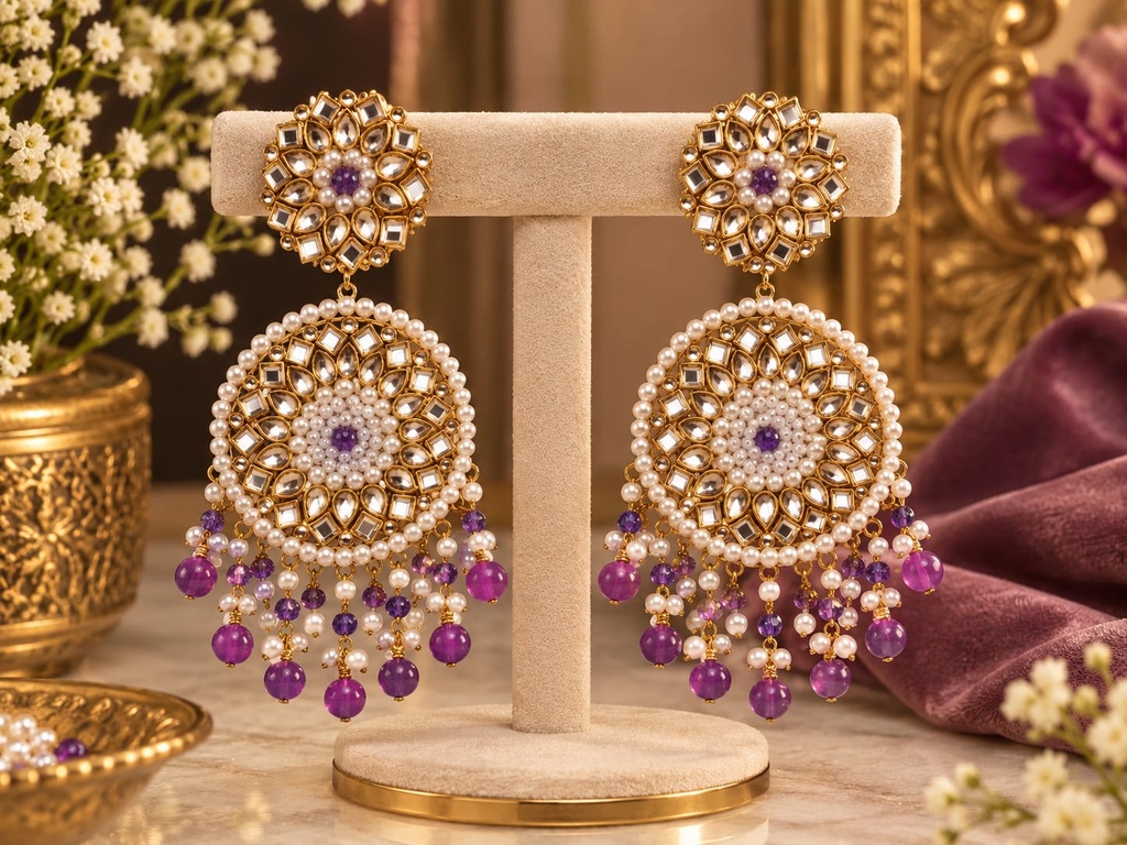 Royal Purple Kundan Pearl Chandelier Earrings